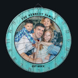 Rustic Blue Wood Beach house Family Name  Photo Dart Board<br><div class="desc">Personalized dartboard for family parties at the beach house.Add family photo , family name and established year to the rustic dartboard with a coastal blue wood texture background.</div>