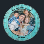 Rustic Blue Wood Beach house Family Name  Photo Dart Board<br><div class="desc">Personalized dartboard for family parties at the beach house.Add family photo , family name and established year to the rustic dartboard with a coastal blue wood texture background.</div>