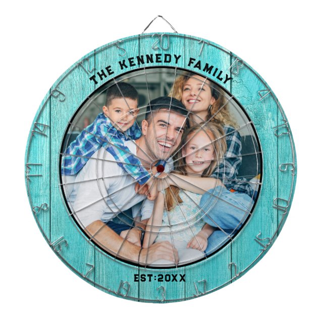 Rustic Blue Wood Beach house Family Name  Photo Dart Board (Front)