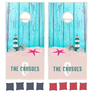 Rustic Blue Wood Beach Monogram Cornhole Set