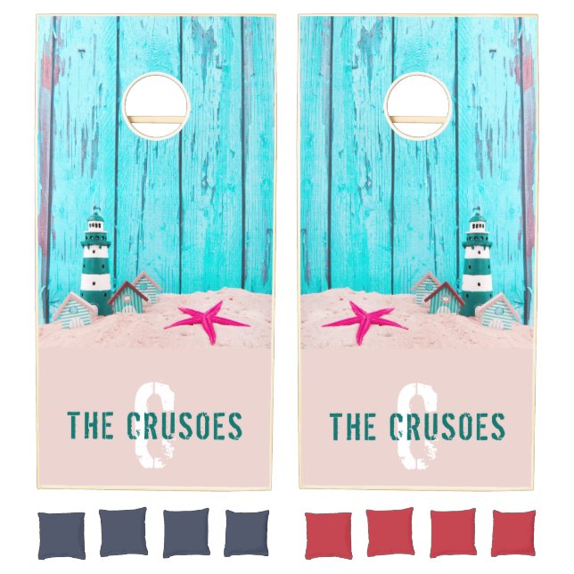 Rustic Blue Wood Beach Monogram Cornhole Set (Set)