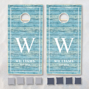 Rustic Blue Wood Beach Vacation Family Name Cornhole Set