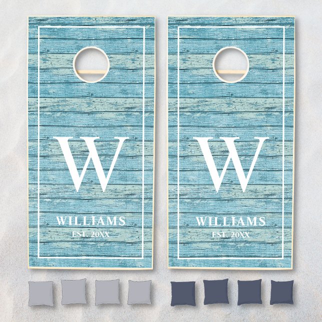 Rustic Blue Wood Beach Vacation Family Name Cornhole Set (Creator Uploaded)