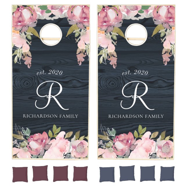 rustic blue wood blush floral monogram cornhole set (Set)