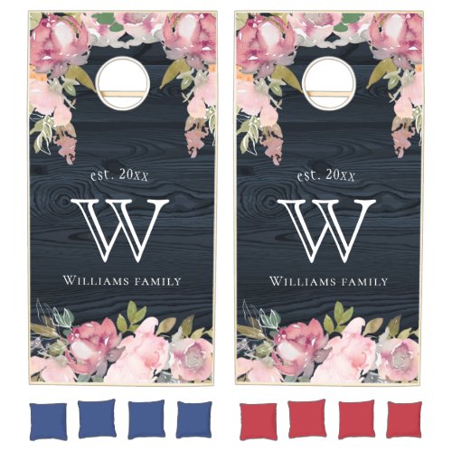 rustic blue wood blush floral monogram cornhole set