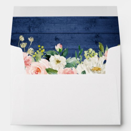 Rustic Blue Wood Blush Floral Return Address 5x7 Envelope - Create your own Envelope with this "Rustic Blue Wood with Blush Floral Themed Envelope template". You can customize it with your return address on the back flap. This envelope design is perfect to match your wedding invitations. 
(1) See more matching items: https://goo.gl/awXP6T 
(2) For further customization, please click the "customize further" link and use our design tool to modify this template. 
(3) If you need help or matching items, please contact me.