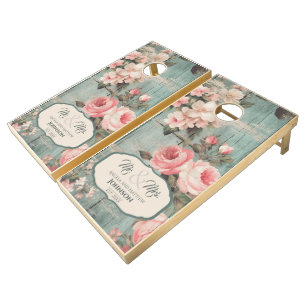 Rustic Blue Wood Blush Pink Flowers Custom Wedding Cornhole Set