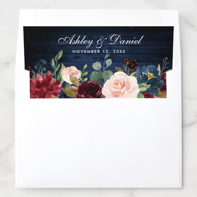 Rustic Blue Wood Burgundy Blue Floral Wedding Envelope Liner (In Envelope)