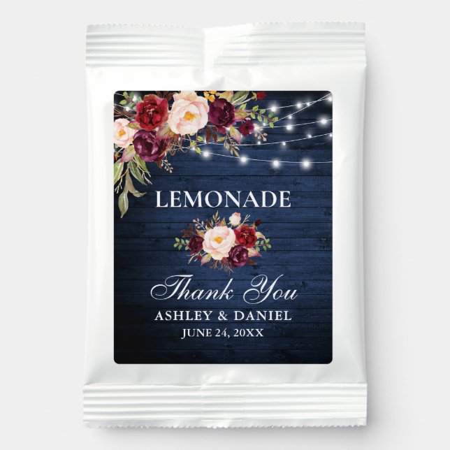 Rustic Blue Wood Burgundy Floral Lights Wedding Lemonade Drink Mix (Front)