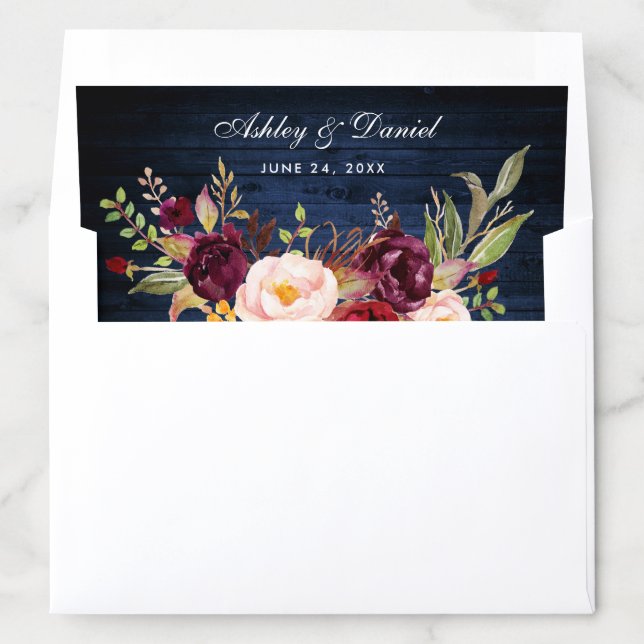 Rustic Blue Wood Burgundy Floral Wedding Envelope Liner (In Envelope)