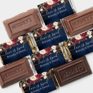 Rustic Blue Wood Burgundy Floral Wedding Hershey's Miniatures