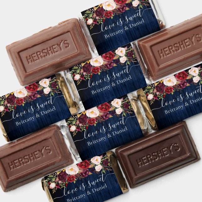 Rustic Blue Wood Burgundy Floral Wedding Hershey's Miniatures (Assorted)