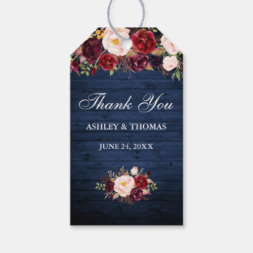 Rustic Blue Wood Burgundy Floral Wedding Thank You Gift Tags