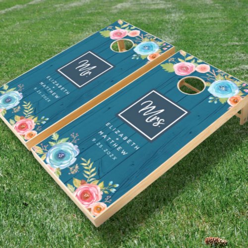 Rustic Blue Wood Country Wedding Floral Monogram Cornhole Set