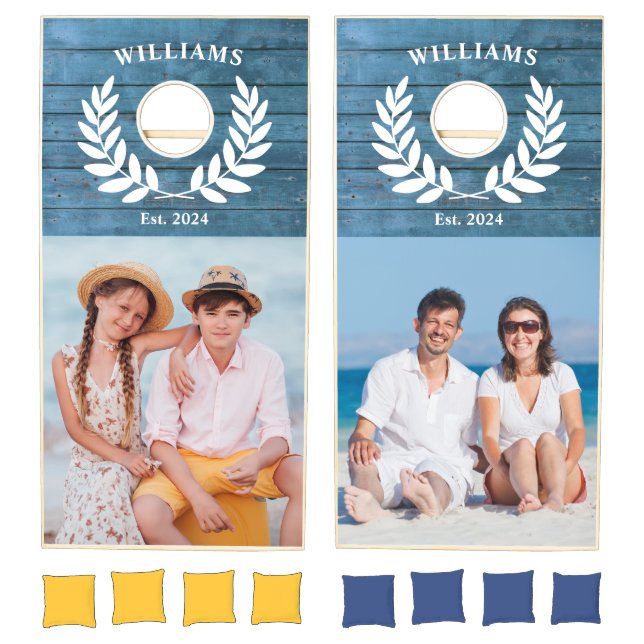 Rustic Blue Wood Custom Large Family Photo Cornhole Set (Set)
