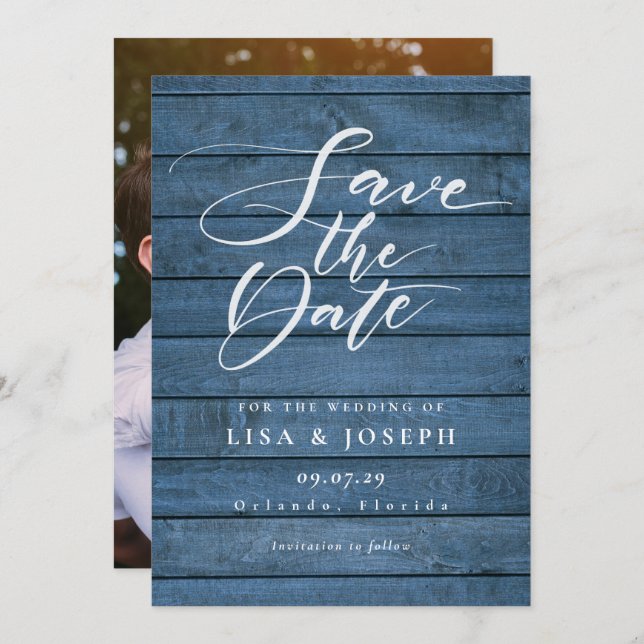 Rustic Blue Wood Elegant Script Photo Wedding Save The Date (Front/Back)