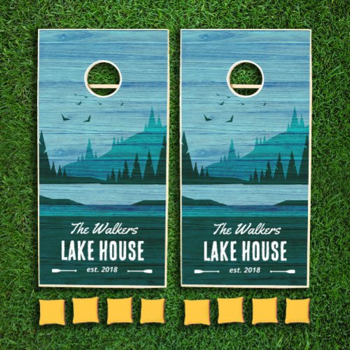 Rustic Blue Wood Family Name Lake House Cornhole Set