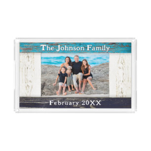 Rustic Blue Wood Family Name Photo Acrylic Tray