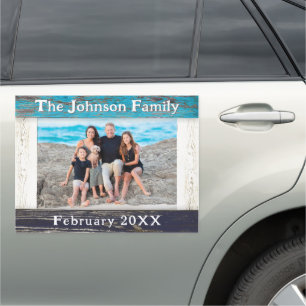 Rustic Blue Wood Family Name Photo Frame Car Magnet