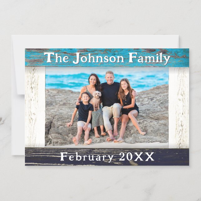 Rustic Blue Wood Family Name Photo Frame Magnetic Invitation (Front)