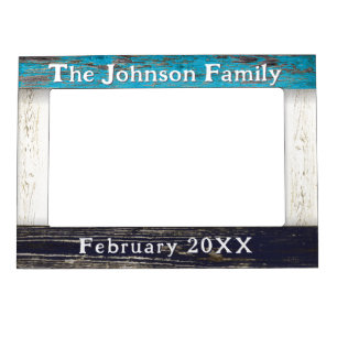 Rustic Blue Wood Family Name Photo Magnetic Frame
