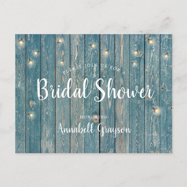 Rustic Blue Wood Fireflies Bridal Shower Invitation Postcard (Front)