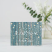 Rustic Blue Wood Fireflies Bridal Shower Invitation Postcard (Standing Front)