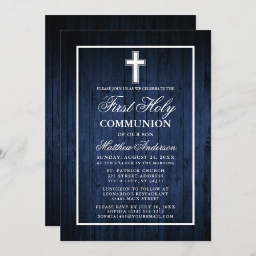 Rustic Blue Wood First Holy Communion Invitation