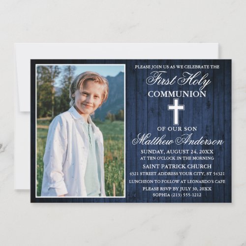 Rustic Blue Wood First Holy Communion Photo Invitation