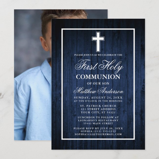 Rustic Blue Wood First Holy Communion Photo Invitation (Front/Back)
