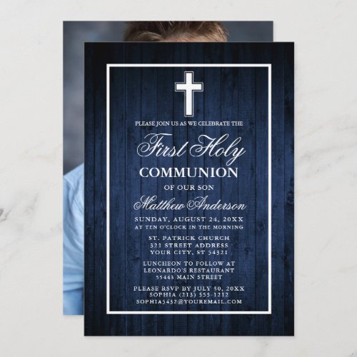 Rustic Blue Wood First Holy Communion Photo Invitation