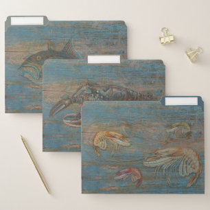 Rustic Blue Wood Fish Lobster Shrimp File Folder