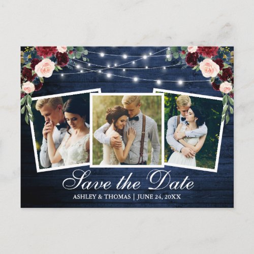 Rustic Blue Wood Floral 3 Photo Save The Date Invitation Postcard