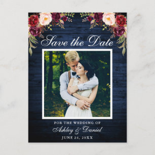Rustic Blue Wood Floral Burgundy Save the Date Announcement Postcard