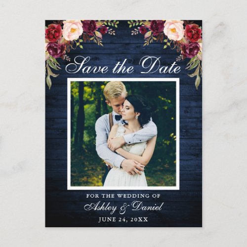 Rustic Blue Wood Floral Burgundy Save the Date Announcement Postcard