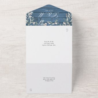 Rustic Blue Wood Floral Greenery QR Code Wedding All In One Invitation ...