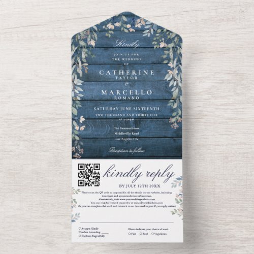 Rustic Blue Wood Floral Greenery QR Code Wedding All In One Invitation