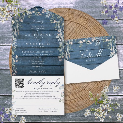 Rustic Blue Wood Floral Greenery QR Code Wedding All In One Invitation