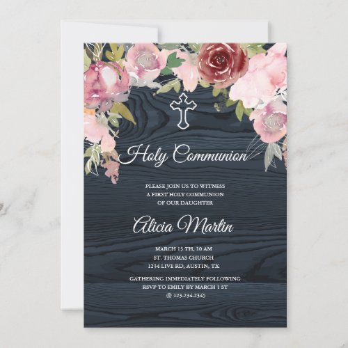 Rustic blue wood floral holy communion invitation