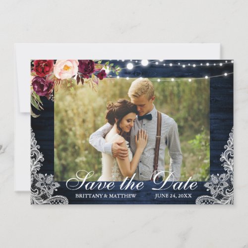 Rustic Blue Wood Floral Lights Lace Photo Save The Date