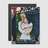 Rustic Blue Wood Floral Lights Lace Save the Date