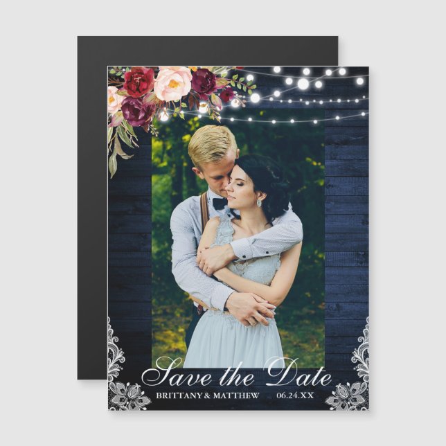Rustic Blue Wood Floral Lights Lace Save the Date Magnetic Invitation (Front/Back)
