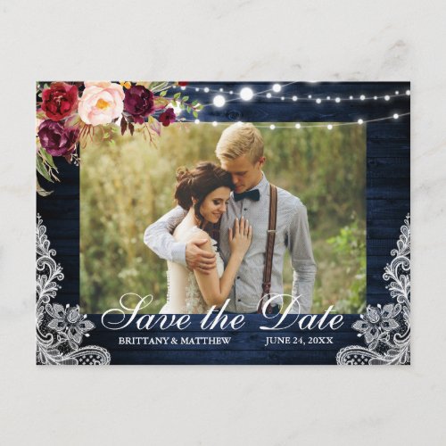 Rustic Blue Wood Floral Lights Lace Save the Date Postcard