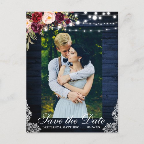 Rustic Blue Wood Floral Lights Lace Save the Date Postcard