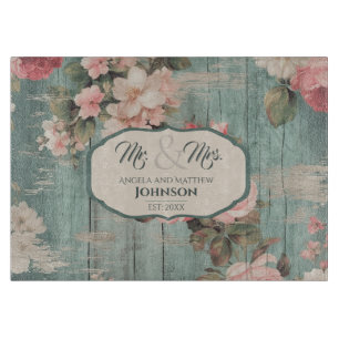 Rustic Blue Wood Floral Personalized Wedding Gift Cutting Board