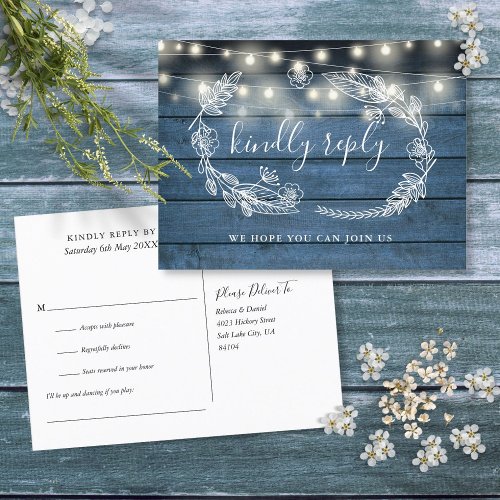 Rustic Blue Wood Floral Song Request RSVP Card