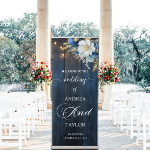Rustic Blue Wood Floral 'Welcome to our Wedding' Retractable Banner