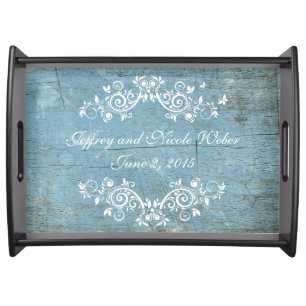 Rustic Blue Wood Flourish Party Serving Tray