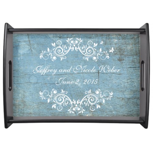 Rustic Blue Wood Flourish Party Serving Tray