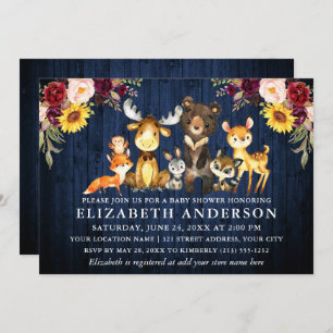 Rustic Blue Wood Flowers Woodland Animals Shower Invitation